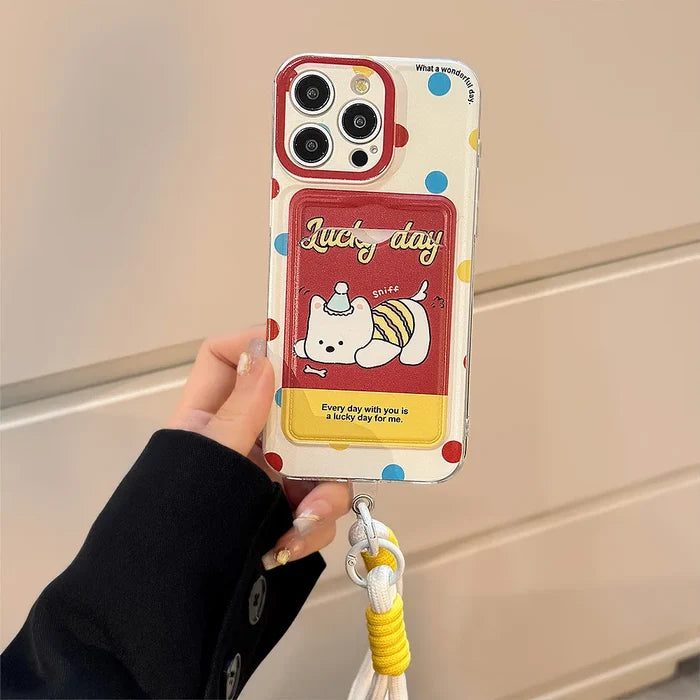 Cute Cartoon Puppy Bracket Card Holder Phone Case With Lanyard For iPhone PhoneShells