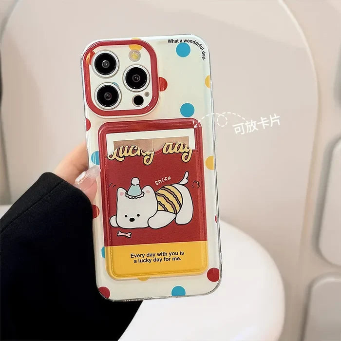 Cute Cartoon Puppy Bracket Card Holder Phone Case With Lanyard For iPhone PhoneShells
