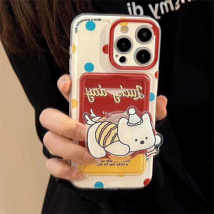 Cute Cartoon Puppy Bracket Card Holder Phone Case With Lanyard For iPhone PhoneShells