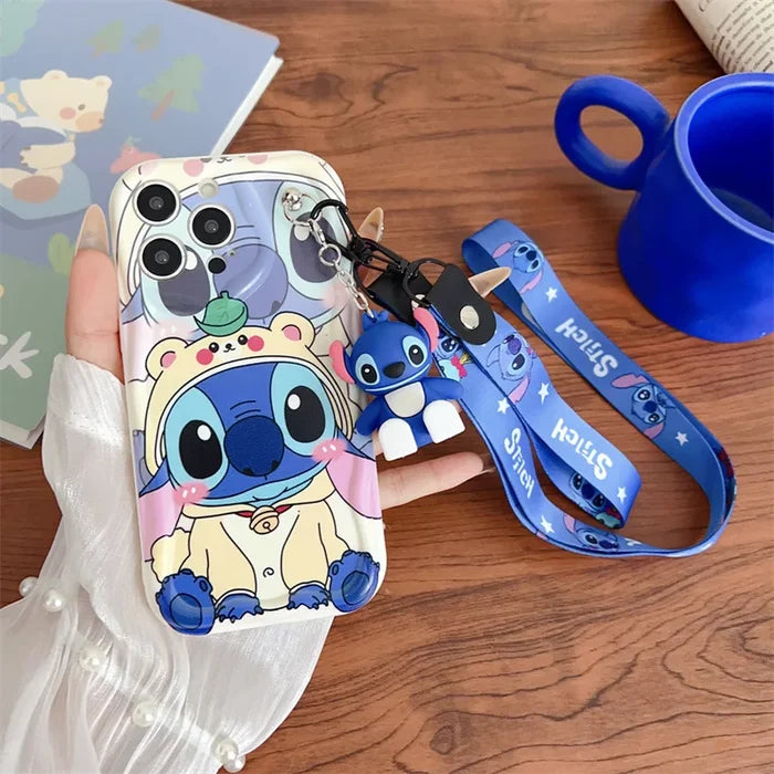Cute Cartoon Stitch Angel With Crossbody Lanyard Pendant Wave Phone Case For iPhone PhoneShells