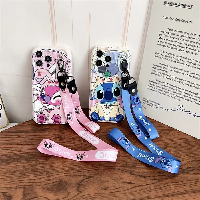 Cute Cartoon Stitch Angel With Crossbody Lanyard Pendant Wave Phone Case For iPhone PhoneShells