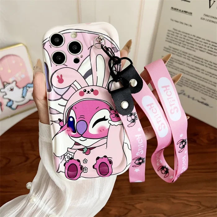 Cute Cartoon Stitch Angel With Crossbody Lanyard Pendant Wave Phone Case For iPhone PhoneShells