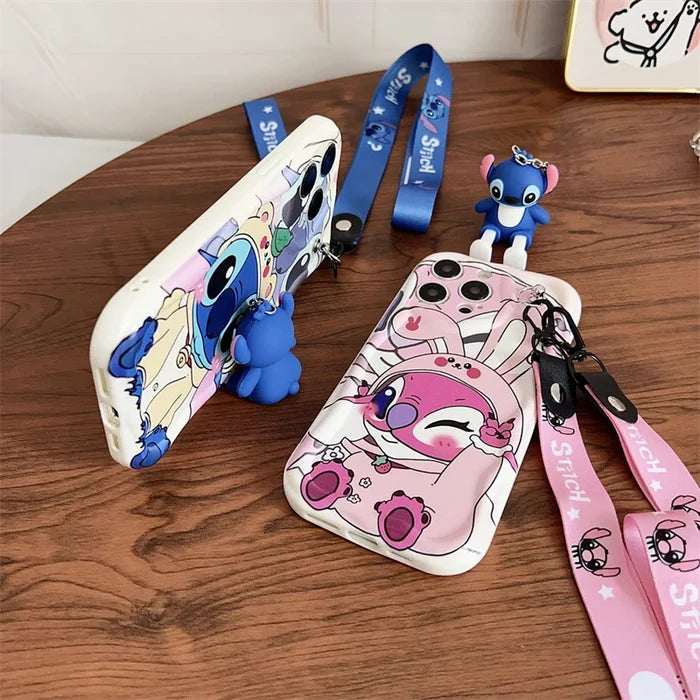 Cute Cartoon Stitch Angel With Crossbody Lanyard Pendant Wave Phone Case For iPhone PhoneShells