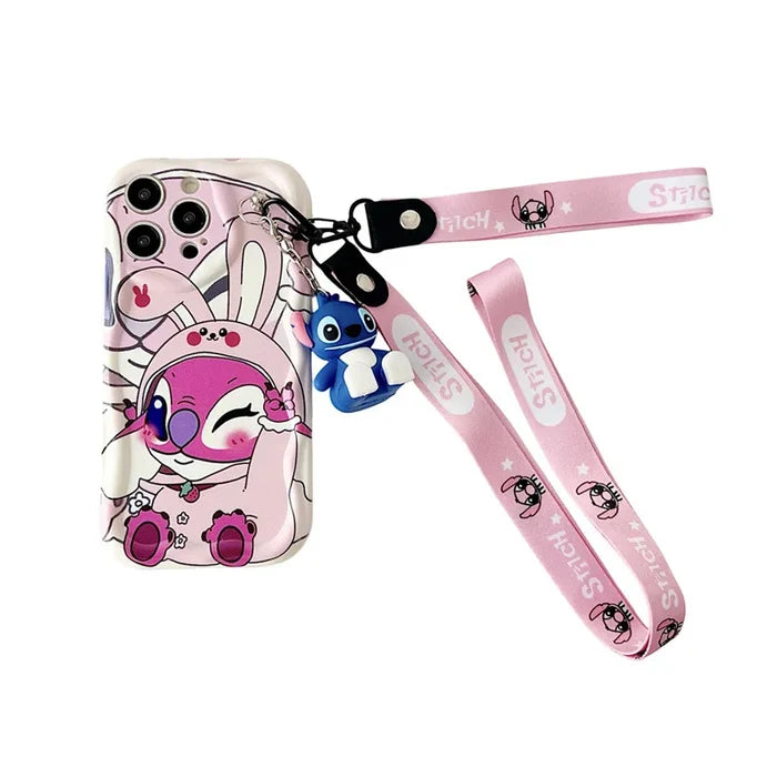 Cute Cartoon Stitch Angel With Crossbody Lanyard Pendant Wave Phone Case For iPhone PhoneShells