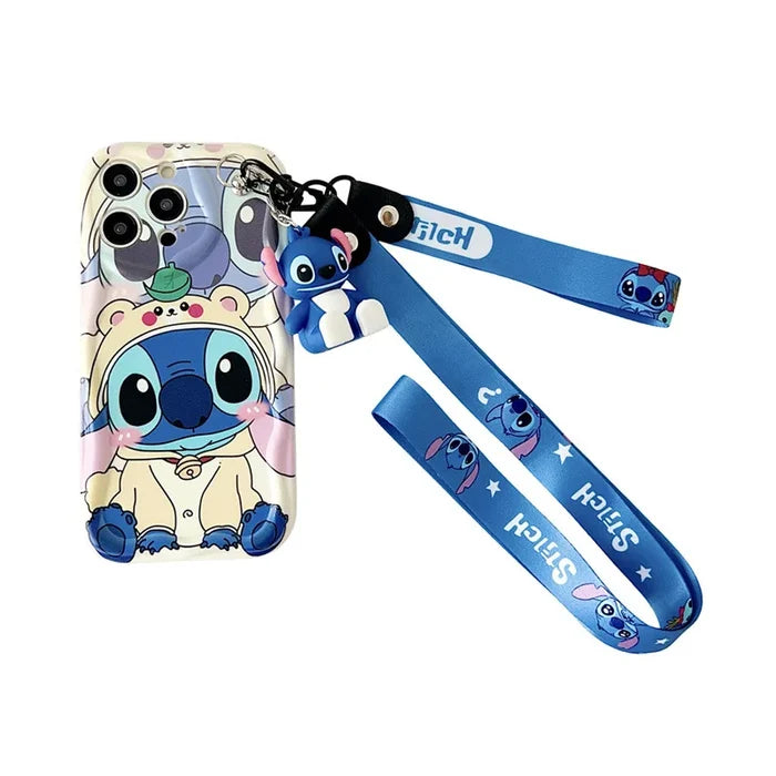 Cute Cartoon Stitch Angel With Crossbody Lanyard Pendant Wave Phone Case For iPhone PhoneShells