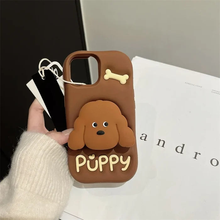 Cute Cartoon Teddy Puppy Silicone Telescopic Bracket Phone Case For iPhone PhoneShells