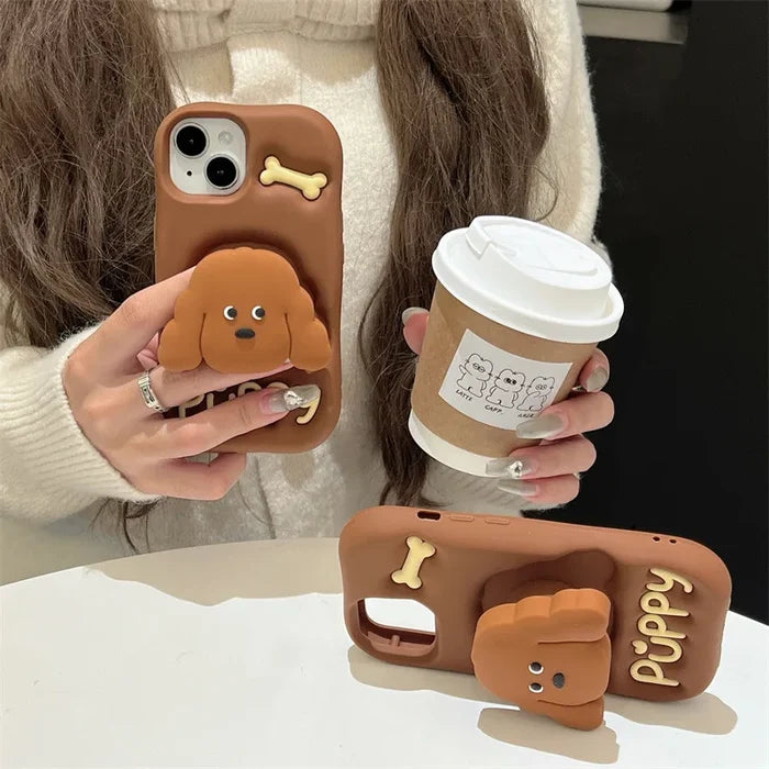 Cute Cartoon Teddy Puppy Silicone Telescopic Bracket Phone Case For iPhone PhoneShells