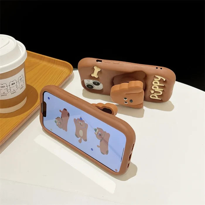 Cute Cartoon Teddy Puppy Silicone Telescopic Bracket Phone Case For iPhone PhoneShells