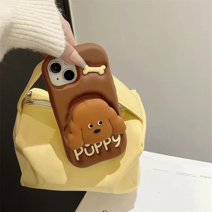 Cute Cartoon Teddy Puppy Silicone Telescopic Bracket Phone Case For iPhone PhoneShells