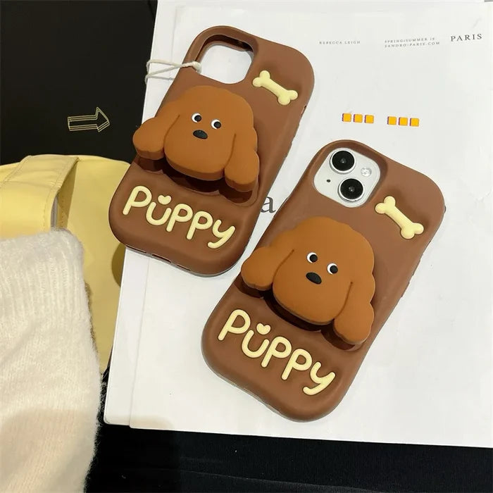 Cute Cartoon Teddy Puppy Silicone Telescopic Bracket Phone Case For iPhone PhoneShells