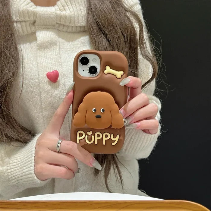 Cute Cartoon Teddy Puppy Silicone Telescopic Bracket Phone Case For iPhone PhoneShells