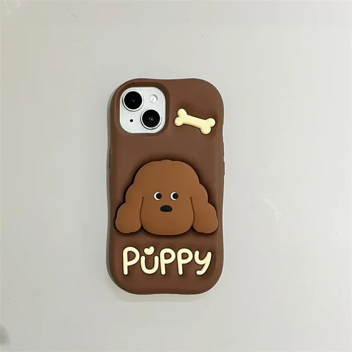 Cute Cartoon Teddy Puppy Silicone Telescopic Bracket Phone Case For iPhone PhoneShells