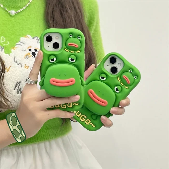 Cute Cartoon Thick Lips Frog Silicone Telescopic Bracket Phone Case For iPhone PhoneShells