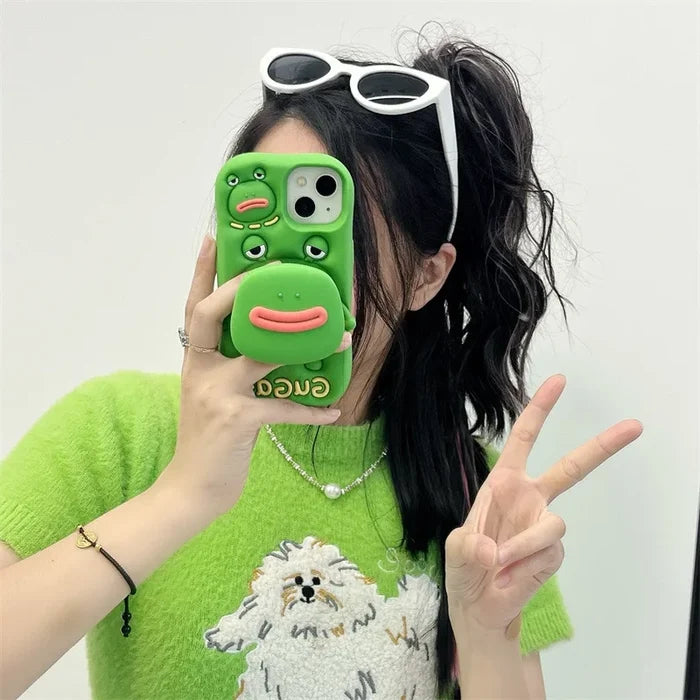 Cute Cartoon Thick Lips Frog Silicone Telescopic Bracket Phone Case For iPhone PhoneShells