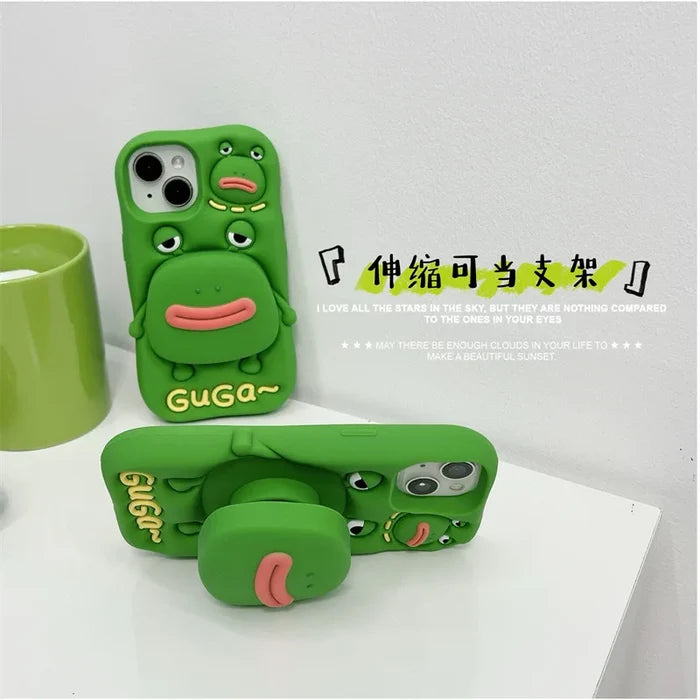 Cute Cartoon Thick Lips Frog Silicone Telescopic Bracket Phone Case For iPhone PhoneShells