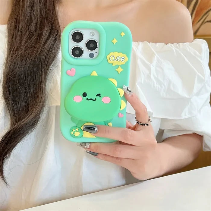 Cute Dinosaur Case Soft Silicone Cover With Holder&Mirror For iPhone PhoneShells