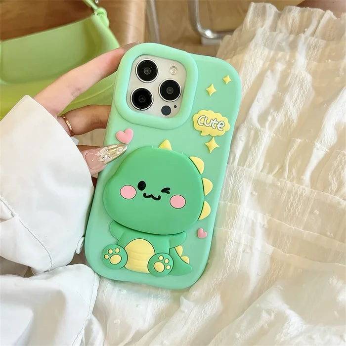 Cute Dinosaur Case Soft Silicone Cover With Holder&Mirror For iPhone PhoneShells