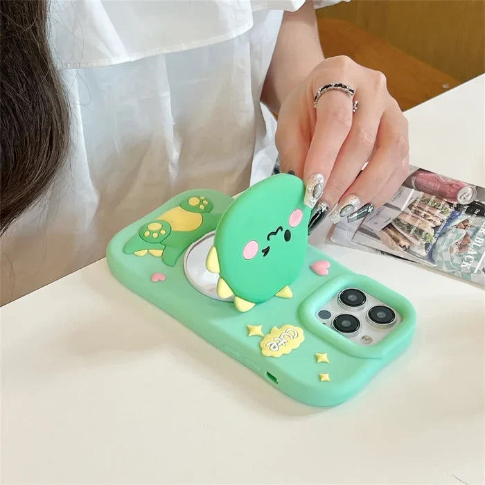 Cute Dinosaur Case Soft Silicone Cover With Holder&Mirror For iPhone PhoneShells