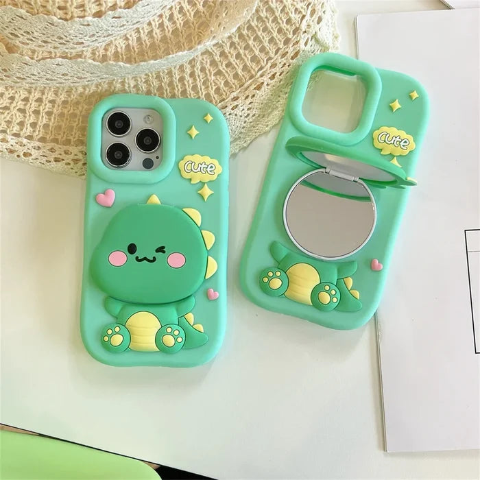 Cute Dinosaur Case Soft Silicone Cover With Holder&Mirror For iPhone PhoneShells