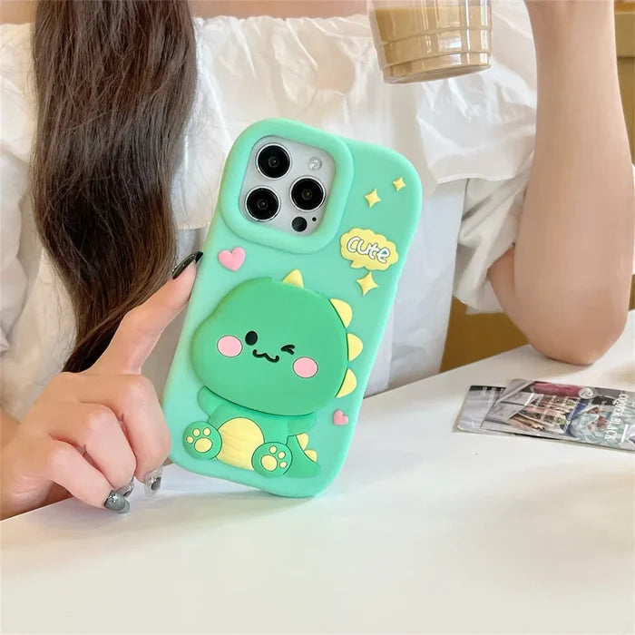 Cute Dinosaur Case Soft Silicone Cover With Holder&Mirror For iPhone PhoneShells