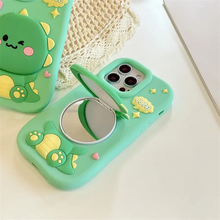 Cute Dinosaur Case Soft Silicone Cover With Holder&Mirror For iPhone PhoneShells