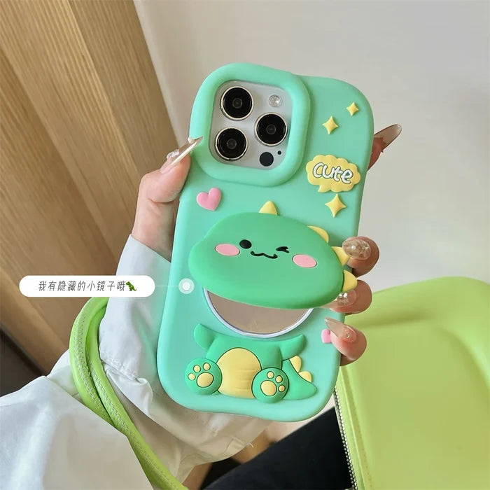Cute Dinosaur Case Soft Silicone Cover With Holder&Mirror For iPhone PhoneShells
