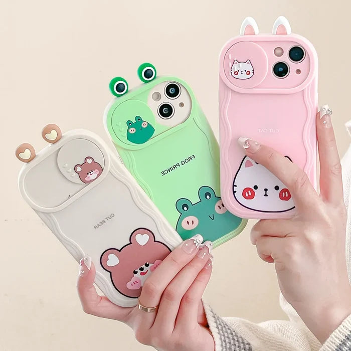 Cute Eyes Frog Cat Bear Cartoon Sliding Camera Wave Soft Phone Case PhoneShells