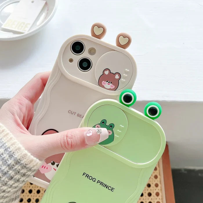 Cute Eyes Frog Cat Bear Cartoon Sliding Camera Wave Soft Phone Case PhoneShells