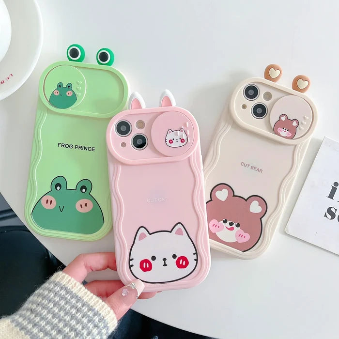 Cute Eyes Frog Cat Bear Cartoon Sliding Camera Wave Soft Phone Case PhoneShells