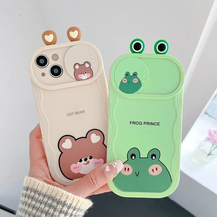 Cute Eyes Frog Cat Bear Cartoon Sliding Camera Wave Soft Phone Case PhoneShells