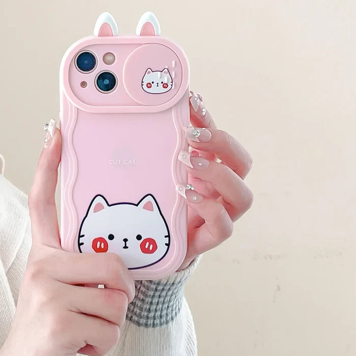 Cute Eyes Frog Cat Bear Cartoon Sliding Camera Wave Soft Phone Case PhoneShells