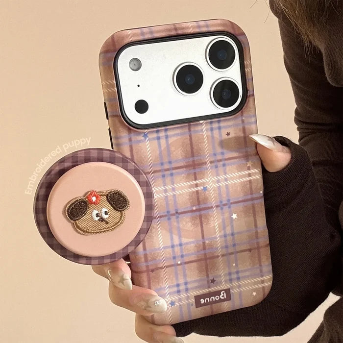 Cute Grid Pattern Cartoon Embroidery Puppy Bracket Magnetic Phone Case For iPhone PhoneShells