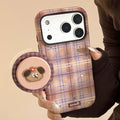 Cute Grid Pattern Cartoon Embroidery Puppy Bracket Magnetic Phone Case For iPhone PhoneShells