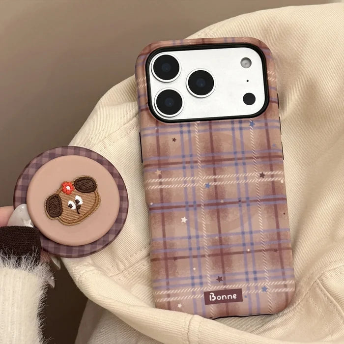 Cute Grid Pattern Cartoon Embroidery Puppy Bracket Magnetic Phone Case For iPhone PhoneShells