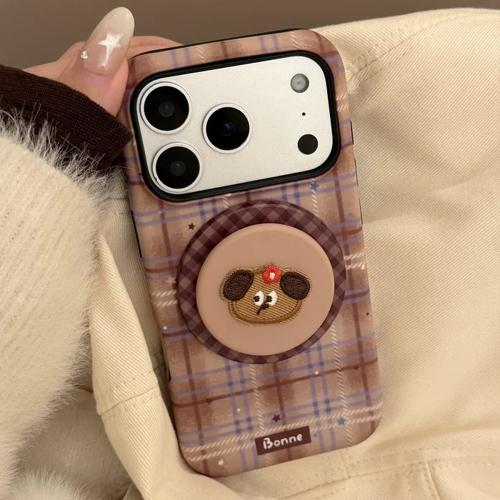 Cute Grid Pattern Cartoon Embroidery Puppy Bracket Magnetic Phone Case For iPhone PhoneShells