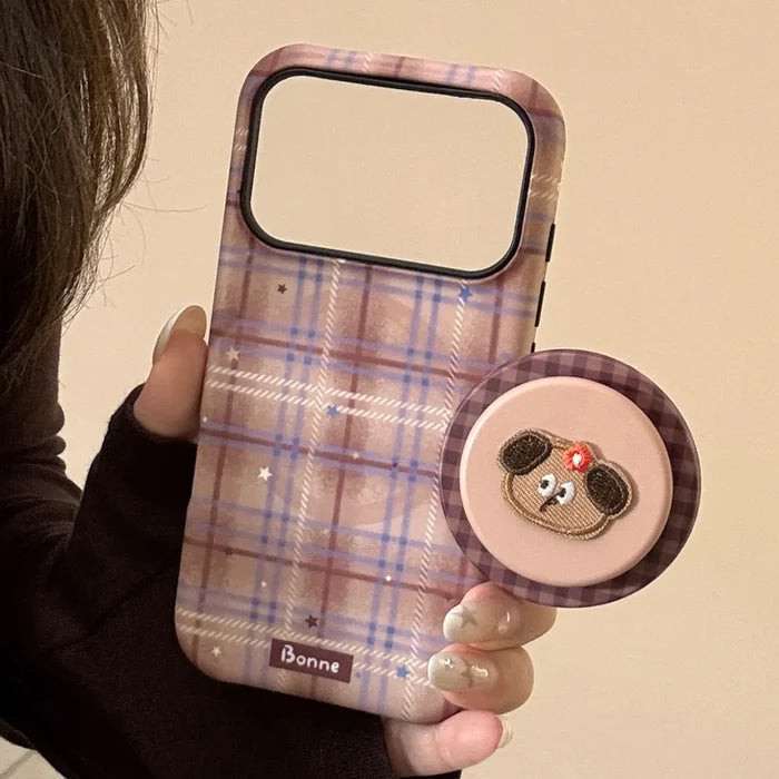 Cute Grid Pattern Cartoon Embroidery Puppy Bracket Magnetic Phone Case For iPhone PhoneShells