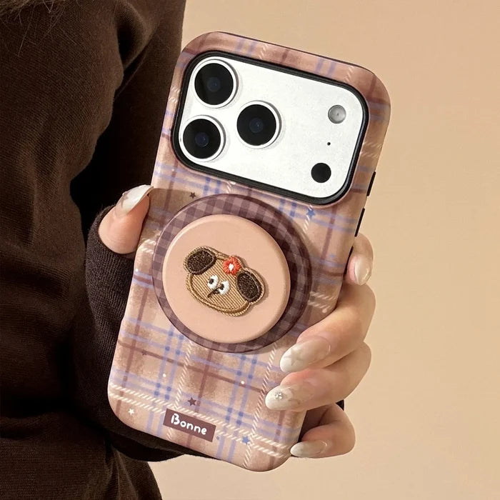 Cute Grid Pattern Cartoon Embroidery Puppy Bracket Magnetic Phone Case For iPhone PhoneShells