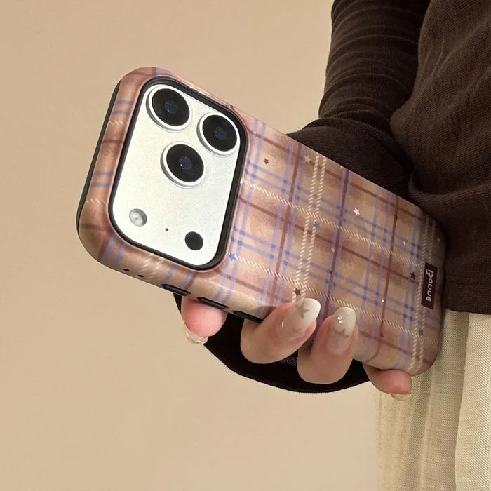 Cute Grid Pattern Cartoon Embroidery Puppy Bracket Magnetic Phone Case For iPhone PhoneShells