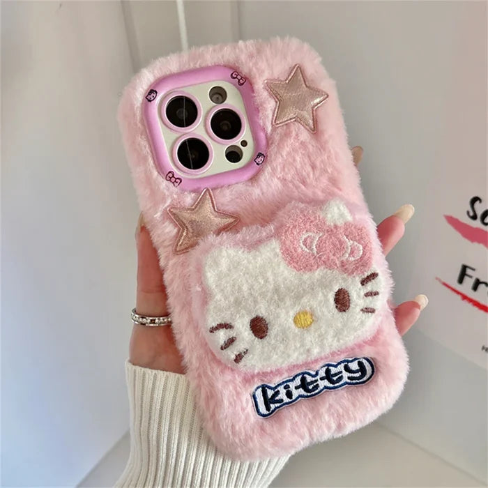 Cute Hello Kitty Fur Fluffy Camera Holder Stand Phone Case PhoneShells
