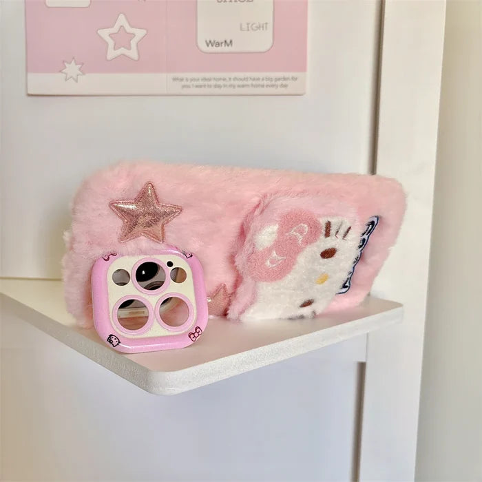 Cute Hello Kitty Fur Fluffy Camera Holder Stand Phone Case PhoneShells