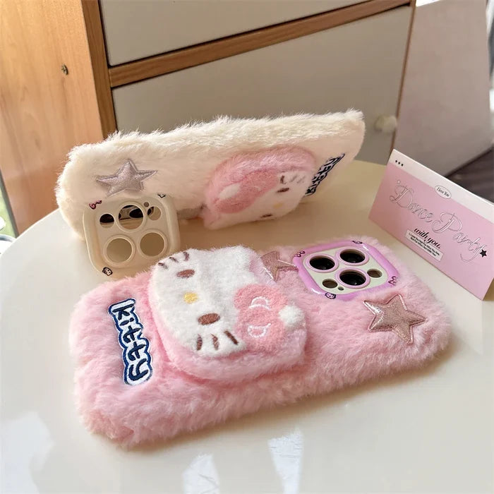Cute Hello Kitty Fur Fluffy Camera Holder Stand Phone Case PhoneShells