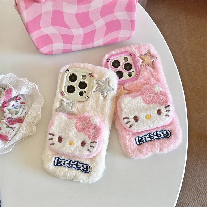 Cute Hello Kitty Fur Fluffy Camera Holder Stand Phone Case PhoneShells