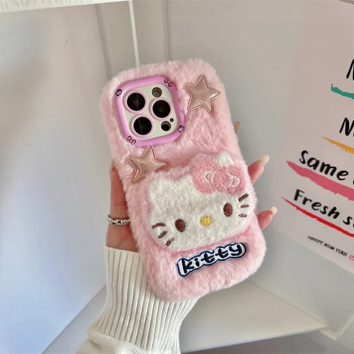 Cute Hello Kitty Fur Fluffy Camera Holder Stand Phone Case PhoneShells