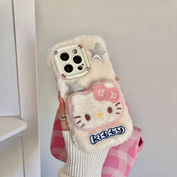 Cute Hello Kitty Fur Fluffy Camera Holder Stand Phone Case PhoneShells