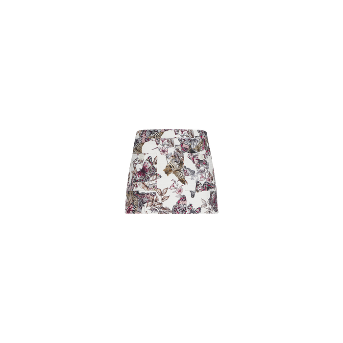 The Cyra Low-Rise Mini Skirt is a white mini skirt adorned with a vibrant butterfly print, displayed on a plain white background.