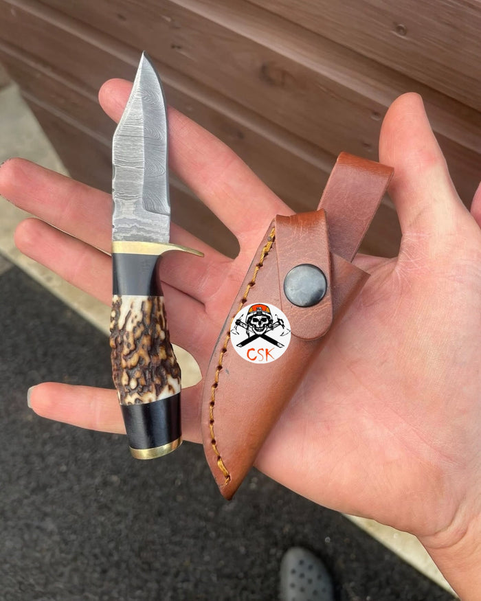 Damascus Antler Knife – Custom Hunting Blade with Leather Sheath cskforged