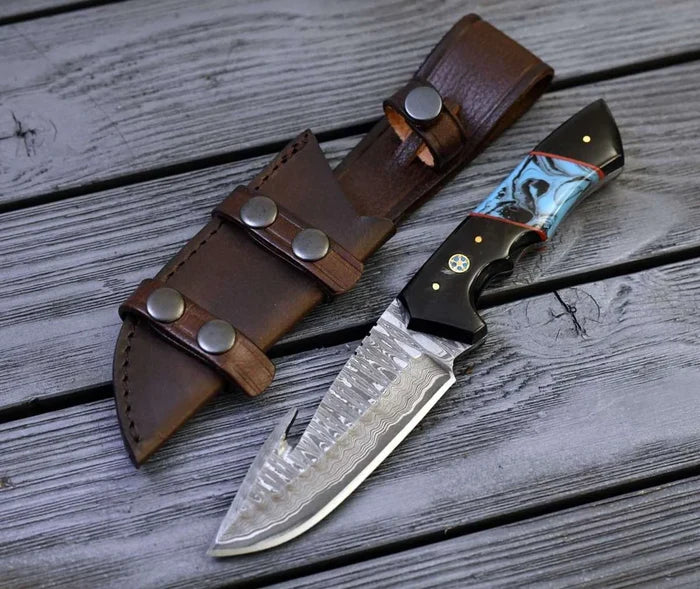 DAMASCUS EVOKE HOOK KNIFE, Resin & TURQUOISE HANDLE cskforged