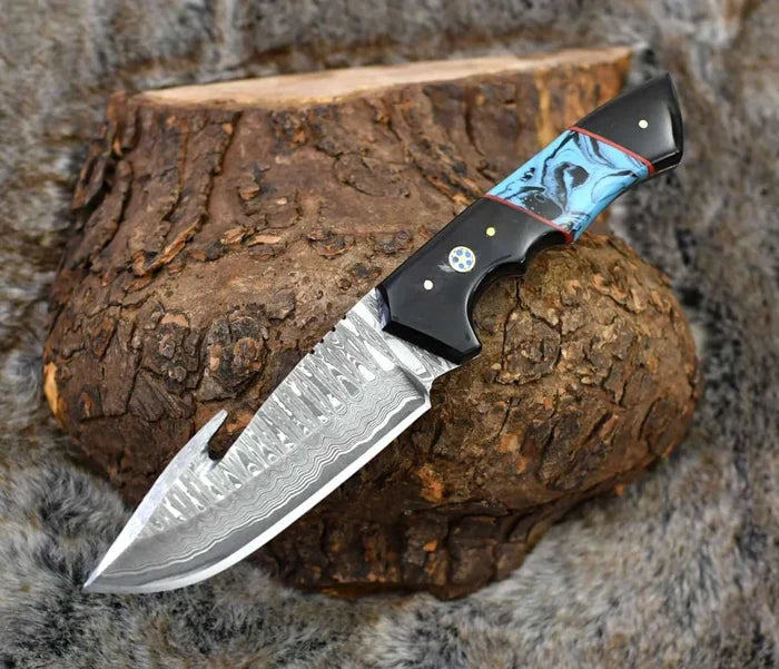 DAMASCUS EVOKE HOOK KNIFE, Resin & TURQUOISE HANDLE cskforged
