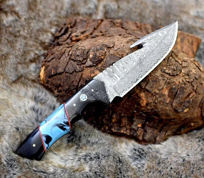 DAMASCUS EVOKE HOOK KNIFE, Resin & TURQUOISE HANDLE cskforged