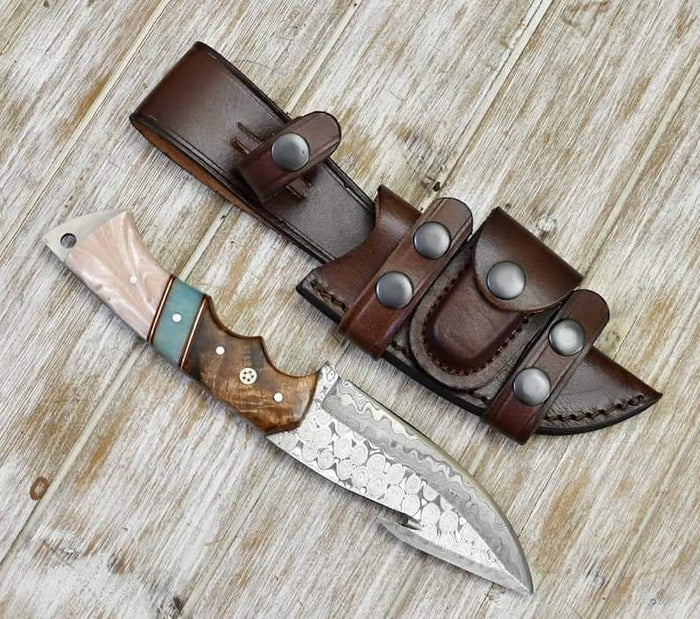 DAMASCUS EVOKE HOOK KNIFE, Rose Wood & TURQUOISE HANDLE Overall 6.25” cskforged